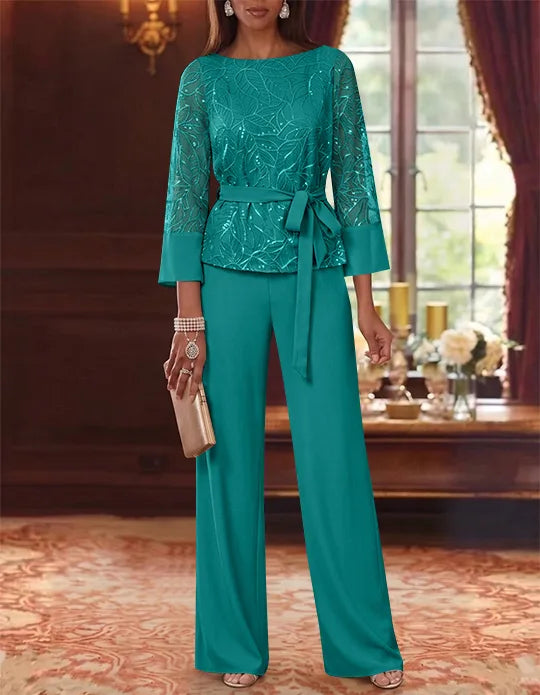 2 Pieces Boat Neck Chiffon Mother of the Bride Pantsuits 3/4 Sleeves Floor-Length Belt Lace Sequin