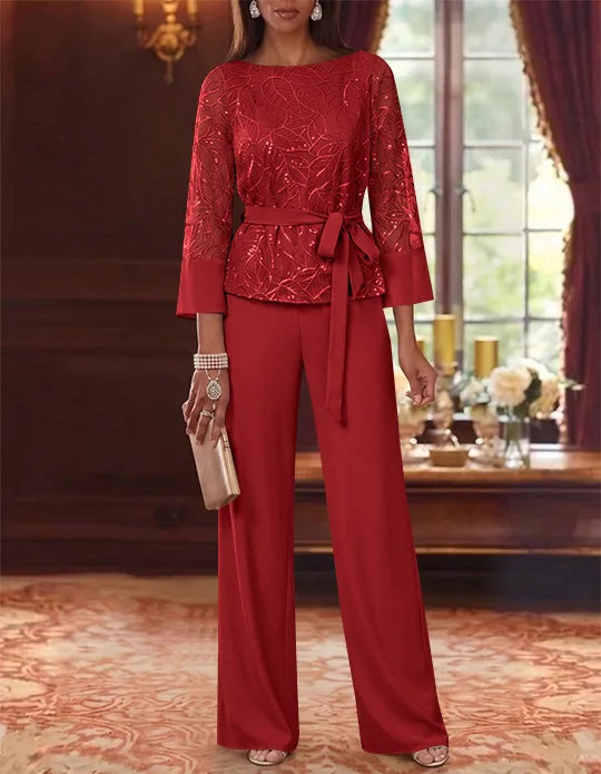 2 Pieces Boat Neck Chiffon Mother of the Bride Pantsuits 3/4 Sleeves Floor-Length Belt Lace Sequin