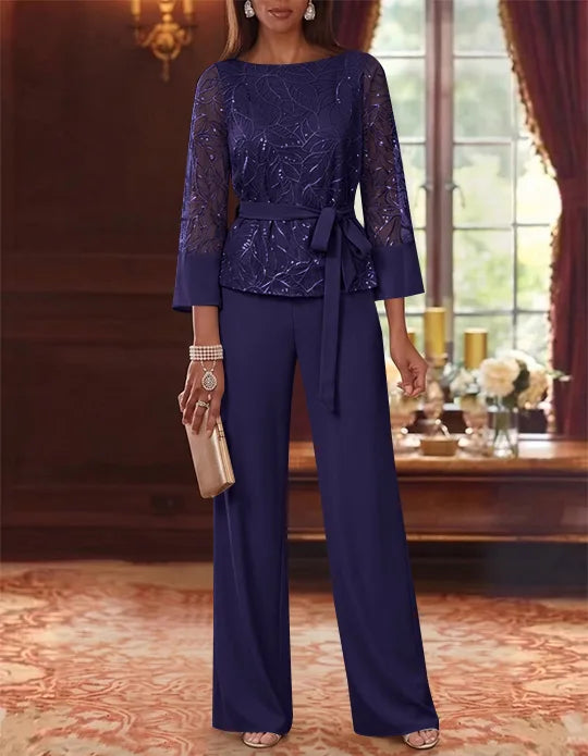 2 Pieces Boat Neck Chiffon Mother of the Bride Pantsuits 3/4 Sleeves Floor-Length Belt Lace Sequin