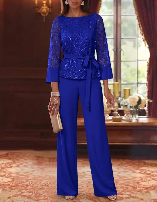 2 Pieces Boat Neck Chiffon Mother of the Bride Pantsuits 3/4 Sleeves Floor-Length Belt Lace Sequin