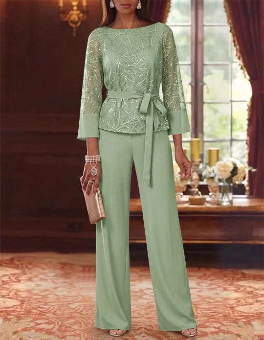 2 Pieces Boat Neck Chiffon Mother of the Bride Pantsuits 3/4 Sleeves Floor-Length Belt Lace Sequin