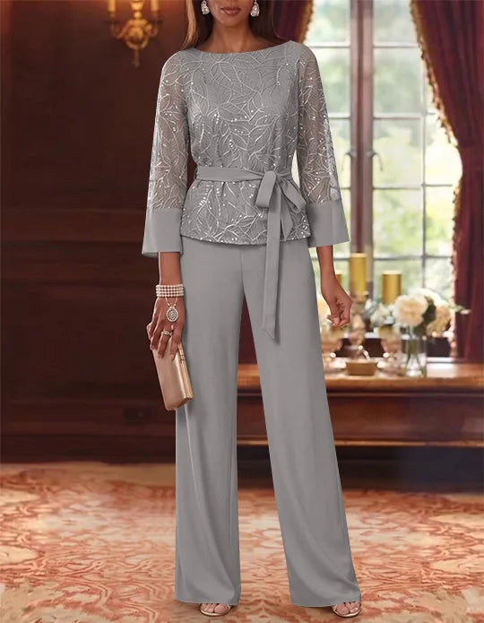 2 Pieces Boat Neck Chiffon Mother of the Bride Pantsuits 3/4 Sleeves Floor-Length Belt Lace Sequin