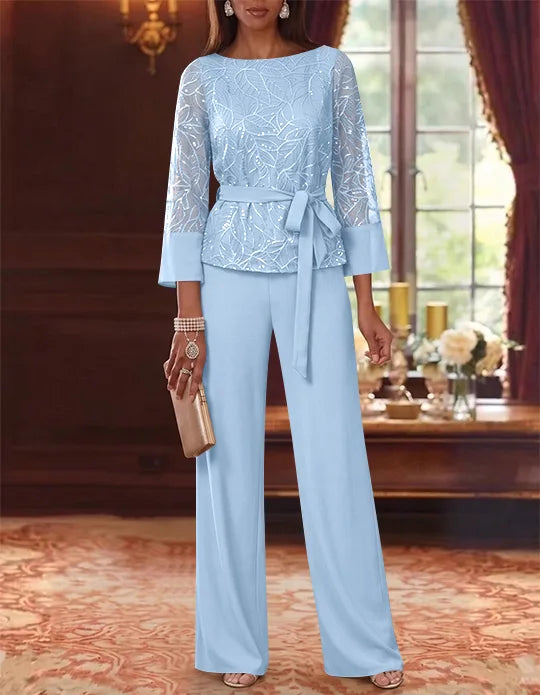 2 Pieces Boat Neck Chiffon Mother of the Bride Pantsuits 3/4 Sleeves Floor-Length Belt Lace Sequin