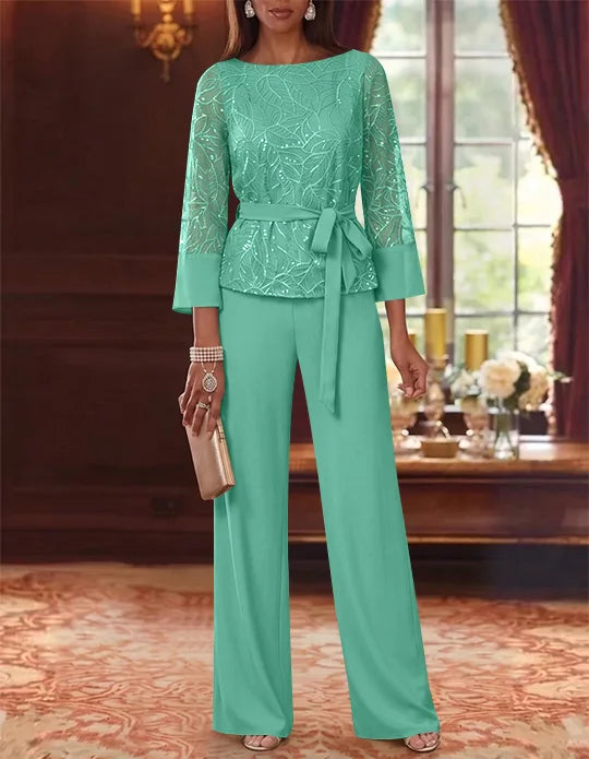 2 Pieces Boat Neck Chiffon Mother of the Bride Pantsuits 3/4 Sleeves Floor-Length Belt Lace Sequin
