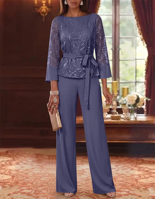 2 Pieces Boat Neck Chiffon Mother of the Bride Pantsuits 3/4 Sleeves Floor-Length Belt Lace Sequin