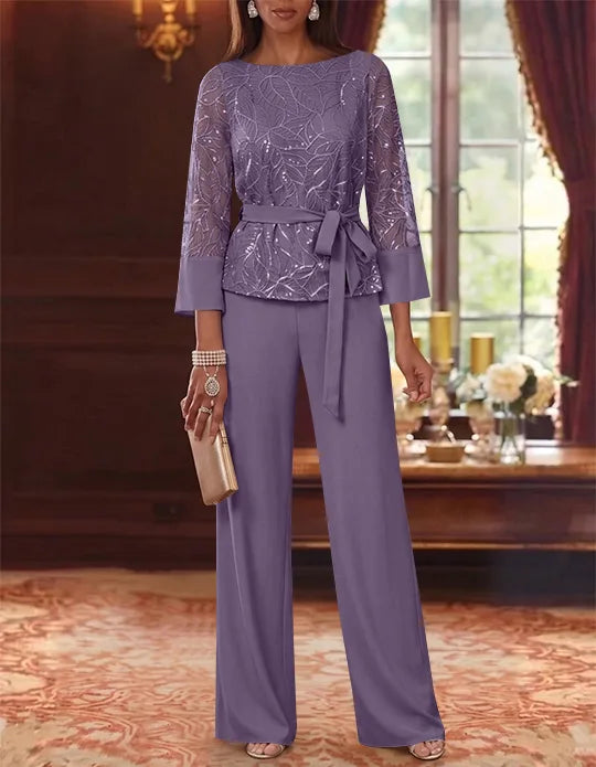 2 Pieces Boat Neck Chiffon Mother of the Bride Pantsuits 3/4 Sleeves Floor-Length Belt Lace Sequin