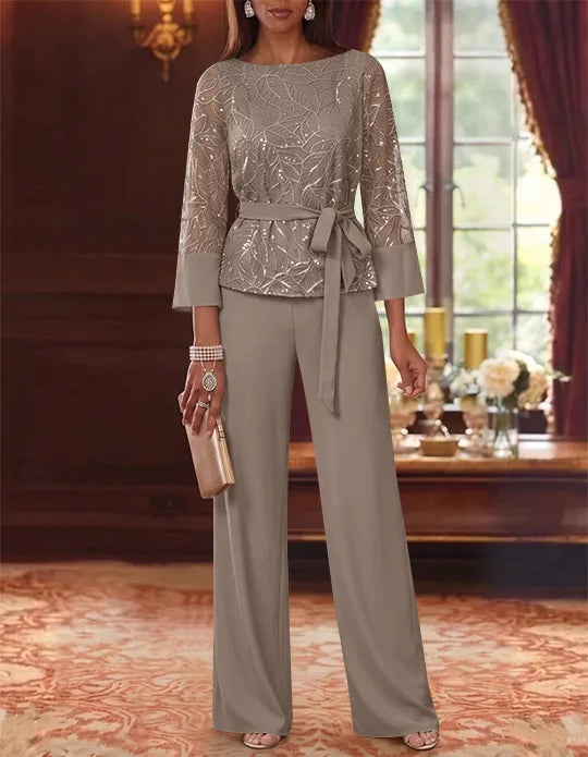 2 Pieces Boat Neck Chiffon Mother of the Bride Pantsuits 3/4 Sleeves Floor-Length Belt Lace Sequin
