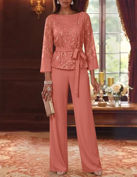 2 Pieces Boat Neck Chiffon Mother of the Bride Pantsuits 3/4 Sleeves Floor-Length Belt Lace Sequin