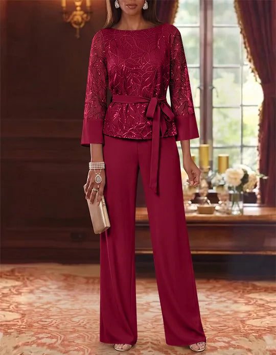 2 Pieces Boat Neck Chiffon Mother of the Bride Pantsuits 3/4 Sleeves Floor-Length Belt Lace Sequin