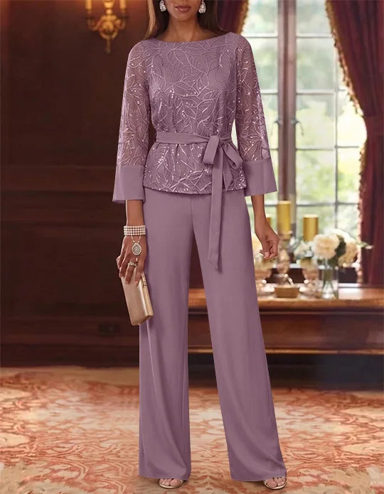 2 Pieces Boat Neck Chiffon Mother of the Bride Pantsuits 3/4 Sleeves Floor-Length Belt Lace Sequin