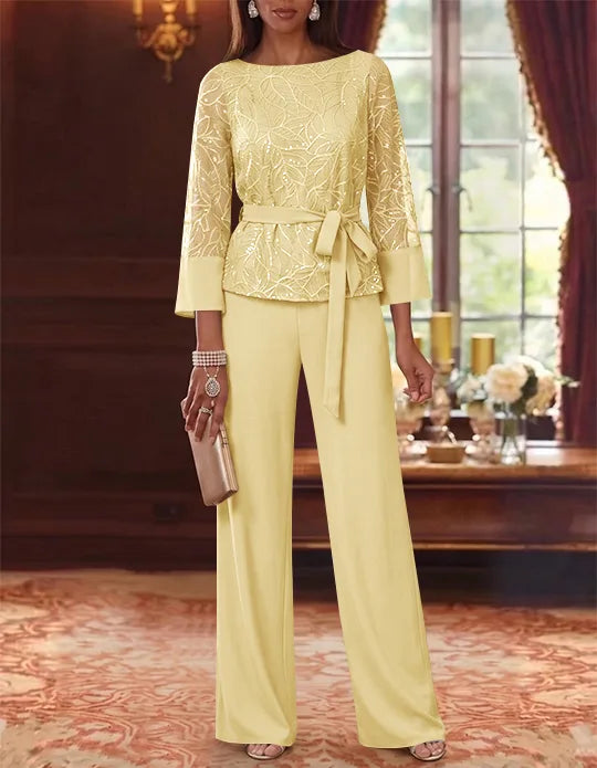 2 Pieces Boat Neck Chiffon Mother of the Bride Pantsuits 3/4 Sleeves Floor-Length Belt Lace Sequin