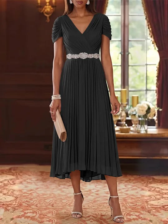 A-Line/Princess V-Neck Chiffon Mother of the Bride Dresses Tea-Length Short Sleeves Sash Pleated