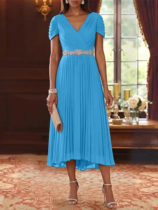 A-Line/Princess V-Neck Chiffon Mother of the Bride Dresses Tea-Length Short Sleeves Sash Pleated