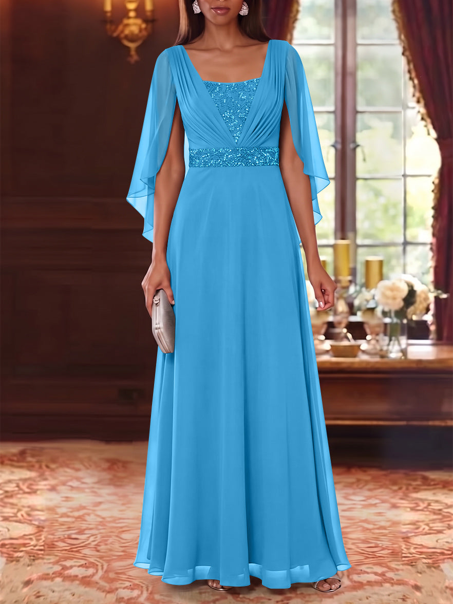 A-Line/Princess Square Collar Chiffon Mother of the Bride Dresses Cape Sleeves Floor-Length Sequins