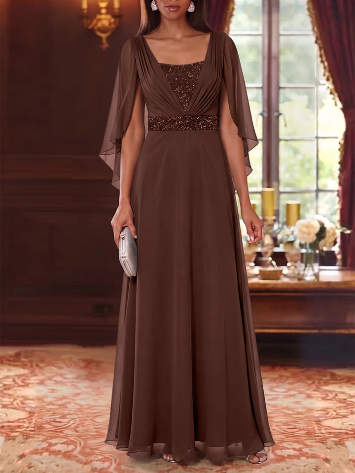 A-Line/Princess Square Collar Chiffon Mother of the Bride Dresses Cape Sleeves Floor-Length Sequins