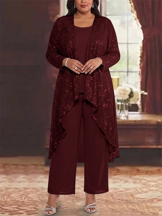 3 Pieces Chiffon Sequins Scoop Plus Size Mother of the Bride Pantsuits with Jacket Long Sleeves Ankle-Length