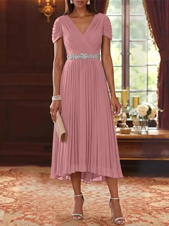 A-Line/Princess V-Neck Chiffon Mother of the Bride Dresses Tea-Length Short Sleeves Sash Pleated