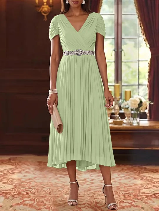 A-Line/Princess V-Neck Chiffon Mother of the Bride Dresses Tea-Length Short Sleeves Sash Pleated