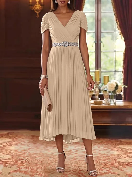 A-Line/Princess V-Neck Chiffon Mother of the Bride Dresses Tea-Length Short Sleeves Sash Pleated