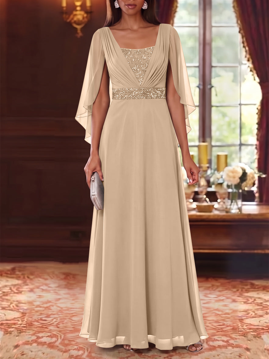 A-Line/Princess Square Collar Chiffon Mother of the Bride Dresses Cape Sleeves Floor-Length Sequins
