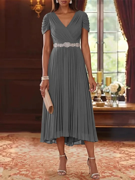 A-Line/Princess V-Neck Chiffon Mother of the Bride Dresses Tea-Length Short Sleeves Sash Pleated