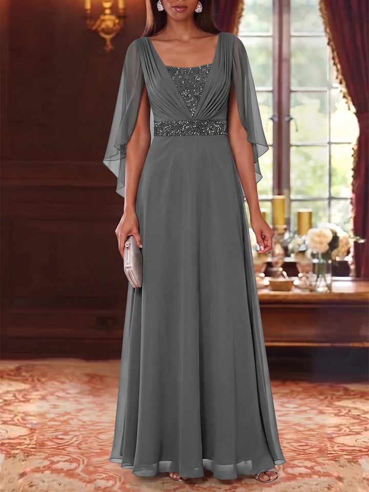 A-Line/Princess Square Collar Chiffon Mother of the Bride Dresses Cape Sleeves Floor-Length Sequins