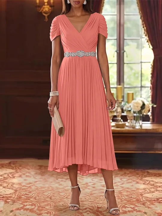 A-Line/Princess V-Neck Chiffon Mother of the Bride Dresses Tea-Length Short Sleeves Sash Pleated