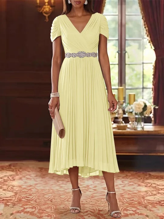 A-Line/Princess V-Neck Chiffon Mother of the Bride Dresses Tea-Length Short Sleeves Sash Pleated