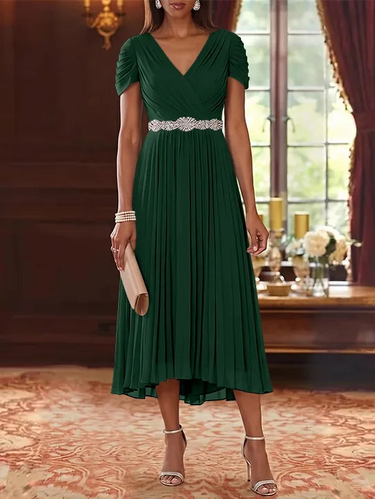 A-Line/Princess V-Neck Chiffon Mother of the Bride Dresses Tea-Length Short Sleeves Sash Pleated