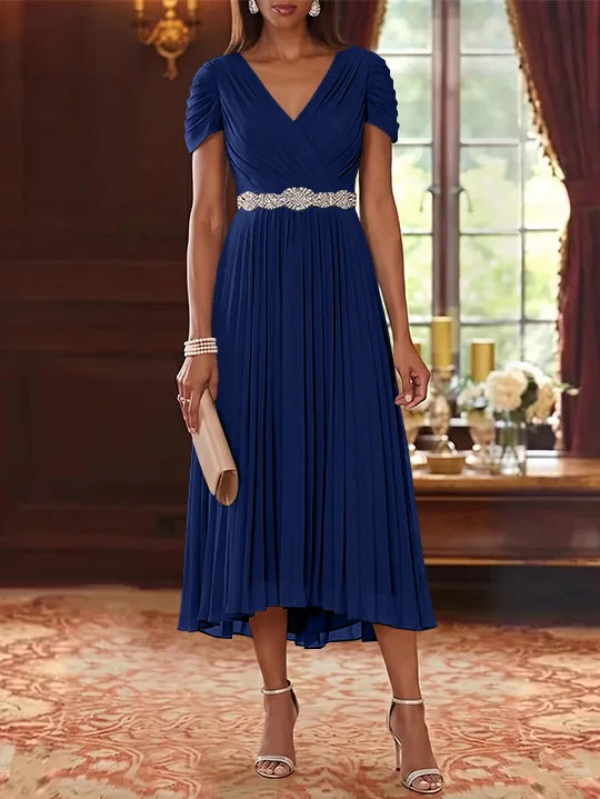 A-Line/Princess V-Neck Chiffon Mother of the Bride Dresses Tea-Length Short Sleeves Sash Pleated