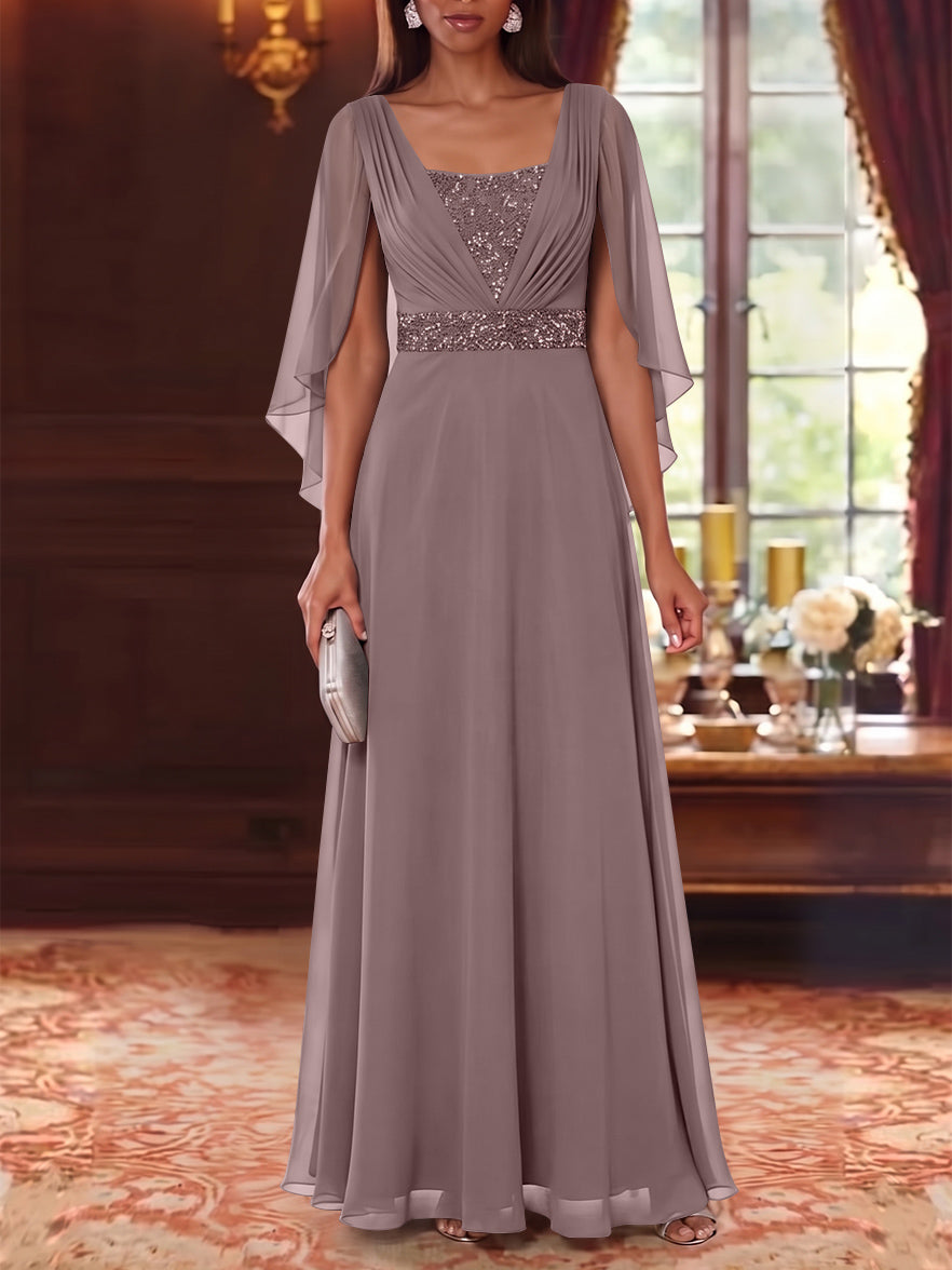 A-Line/Princess Square Collar Chiffon Mother of the Bride Dresses Cape Sleeves Floor-Length Sequins