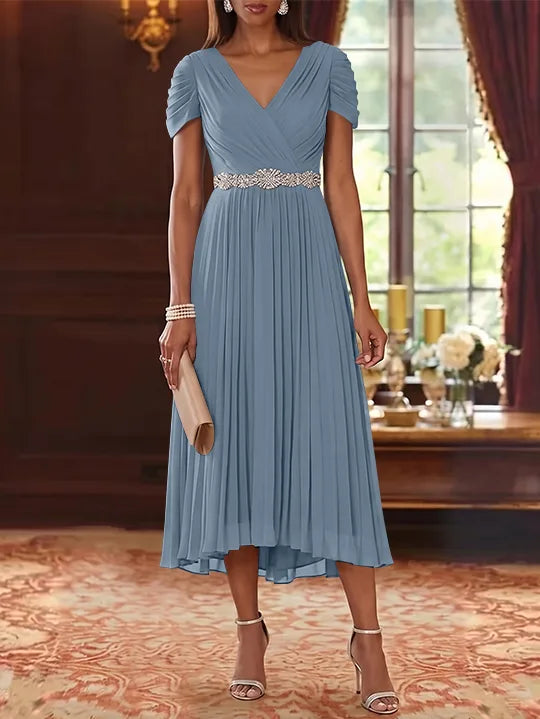 A-Line/Princess V-Neck Chiffon Mother of the Bride Dresses Tea-Length Short Sleeves Sash Pleated