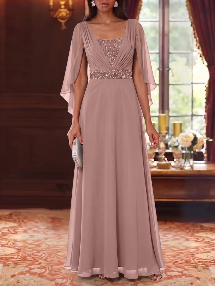 A-Line/Princess Square Collar Chiffon Mother of the Bride Dresses Cape Sleeves Floor-Length Sequins