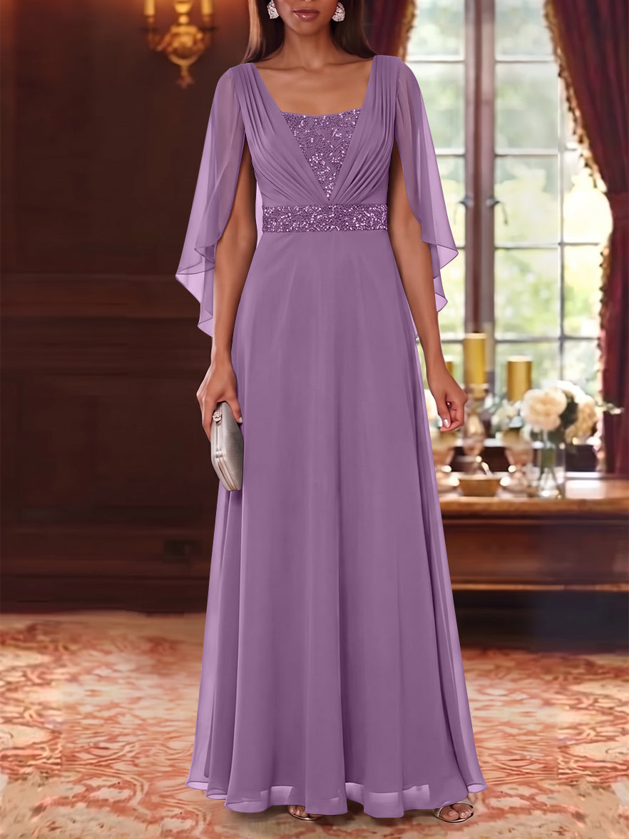 A-Line/Princess Square Collar Chiffon Mother of the Bride Dresses Cape Sleeves Floor-Length Sequins