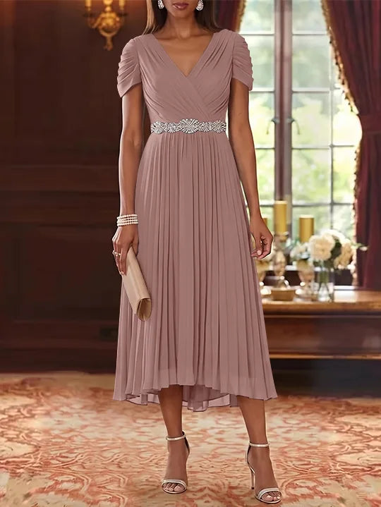 A-Line/Princess V-Neck Chiffon Mother of the Bride Dresses Tea-Length Short Sleeves Sash Pleated