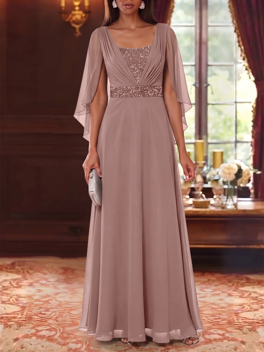 A-Line/Princess Square Collar Chiffon Mother of the Bride Dresses Cape Sleeves Floor-Length Sequins