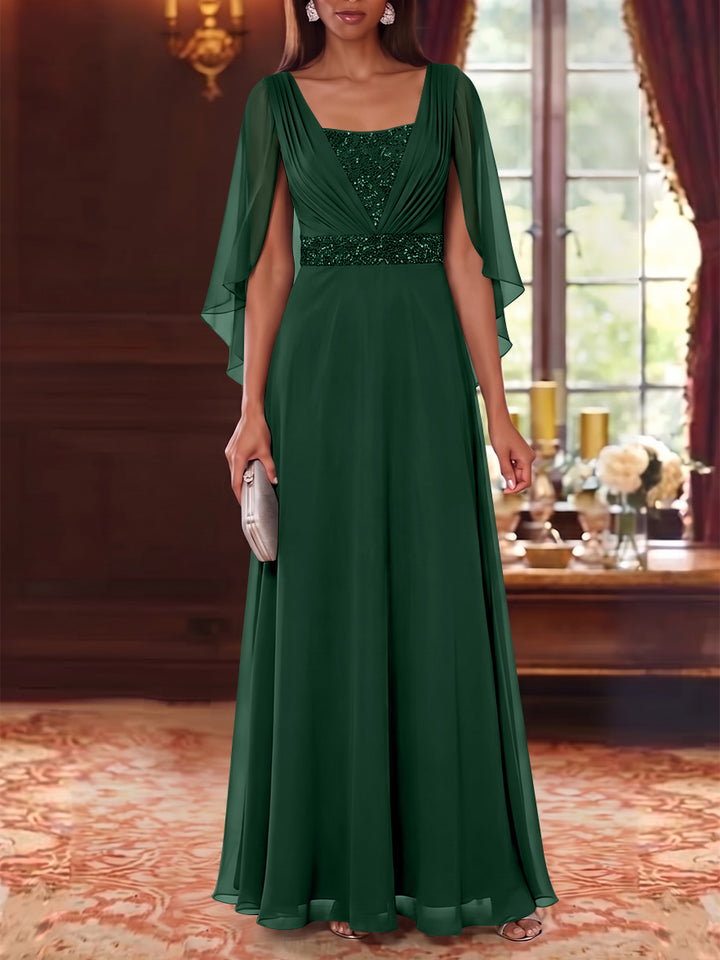 A-Line/Princess Square Collar Chiffon Mother of the Bride Dresses Cape Sleeves Floor-Length Sequins