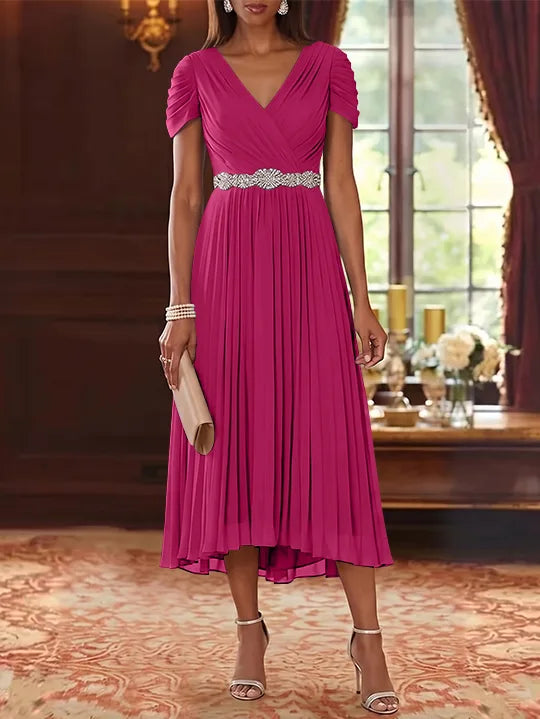 A-Line/Princess V-Neck Chiffon Mother of the Bride Dresses Tea-Length Short Sleeves Sash Pleated