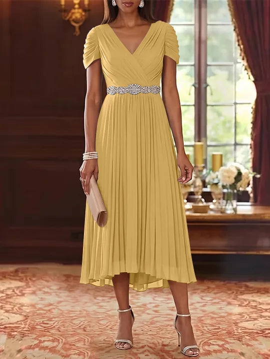 A-Line/Princess V-Neck Chiffon Mother of the Bride Dresses Tea-Length Short Sleeves Sash Pleated