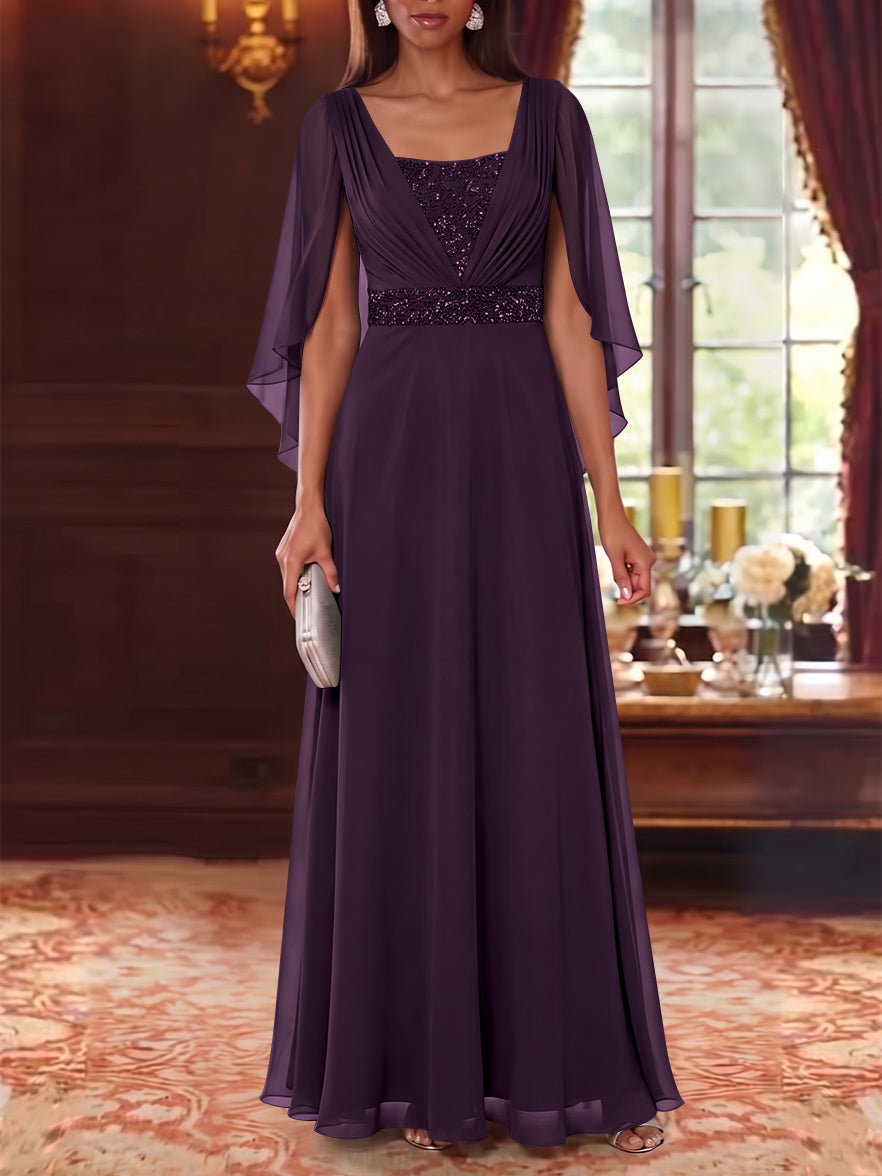 A-Line/Princess Square Collar Chiffon Mother of the Bride Dresses Cape Sleeves Floor-Length Sequins