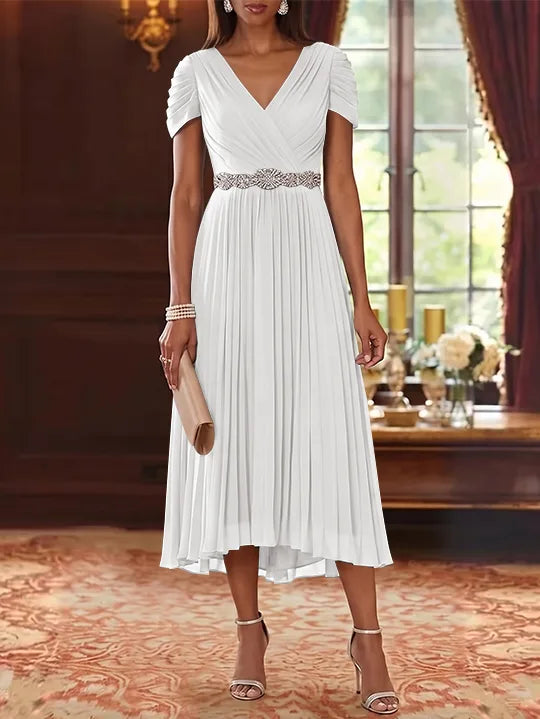 A-Line/Princess V-Neck Chiffon Mother of the Bride Dresses Tea-Length Short Sleeves Sash Pleated
