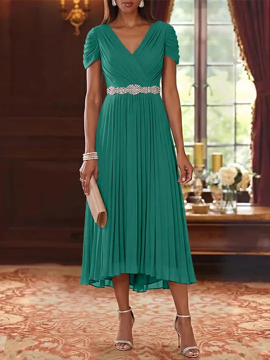 A-Line/Princess V-Neck Chiffon Mother of the Bride Dresses Tea-Length Short Sleeves Sash Pleated