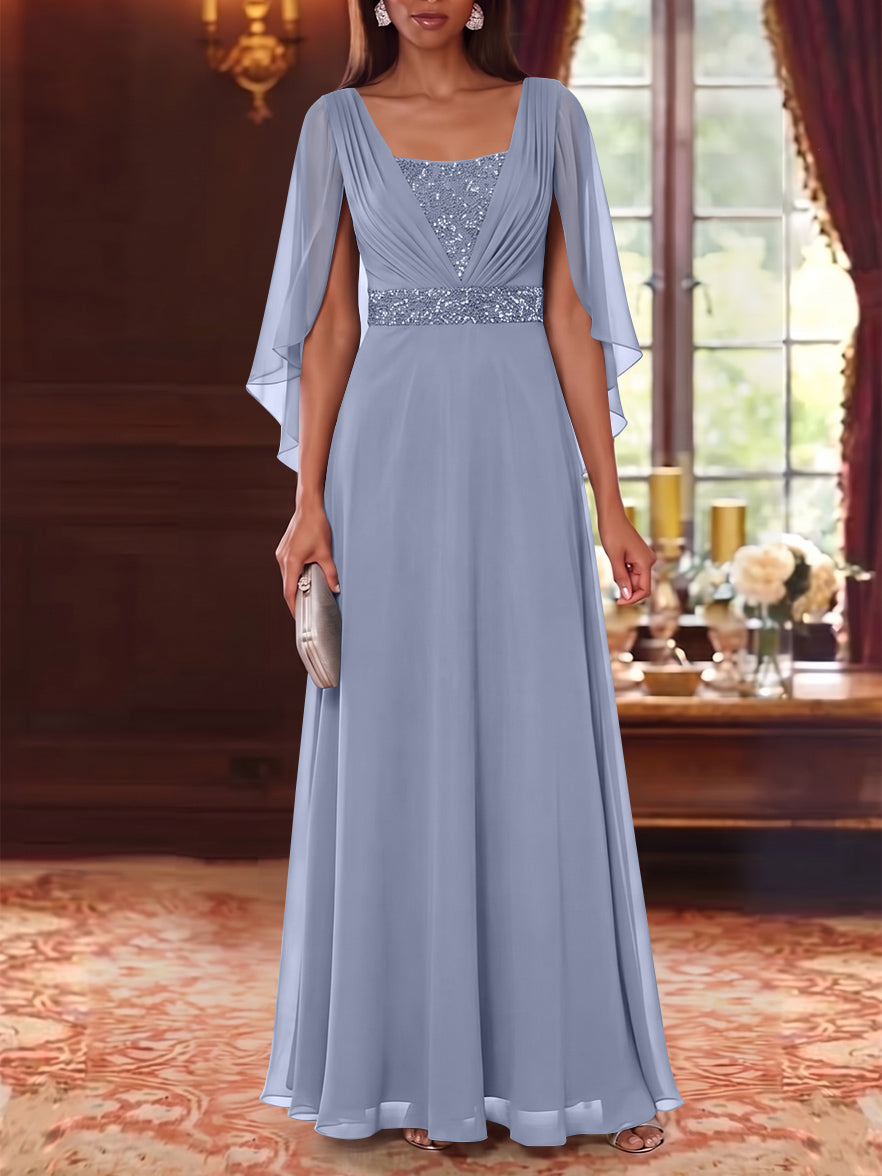 A-Line/Princess Square Collar Chiffon Mother of the Bride Dresses Cape Sleeves Floor-Length Sequins