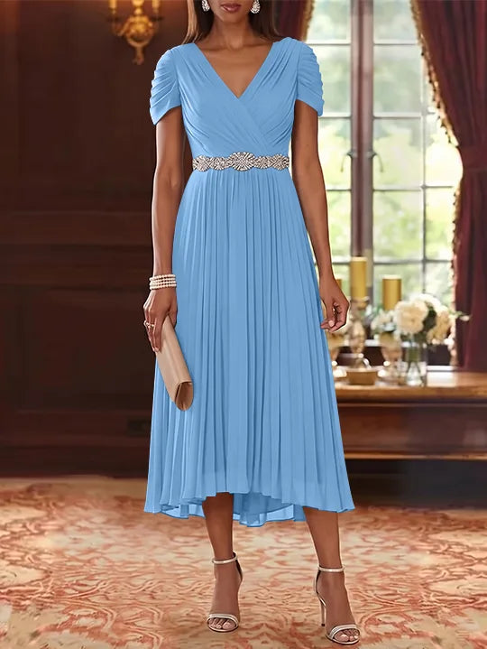A-Line/Princess V-Neck Chiffon Mother of the Bride Dresses Tea-Length Short Sleeves Sash Pleated