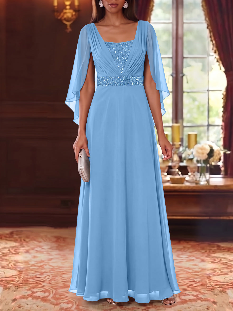 A-Line/Princess Square Collar Chiffon Mother of the Bride Dresses Cape Sleeves Floor-Length Sequins