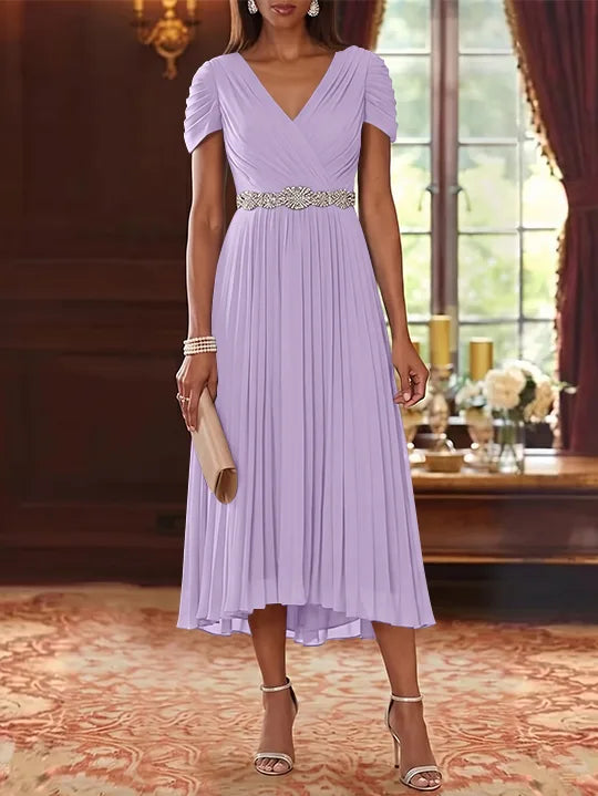 A-Line/Princess V-Neck Chiffon Mother of the Bride Dresses Tea-Length Short Sleeves Sash Pleated