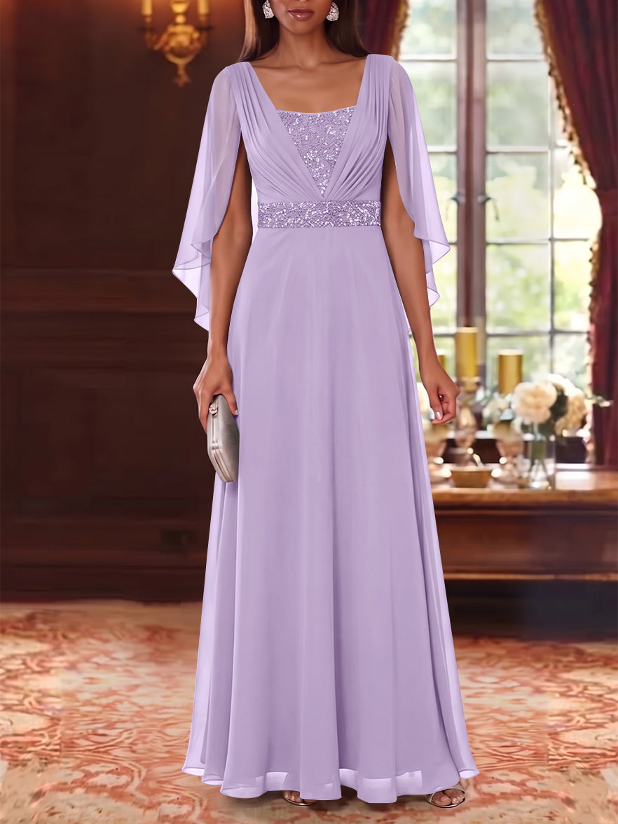 A-Line/Princess Square Collar Chiffon Mother of the Bride Dresses Cape Sleeves Floor-Length Sequins