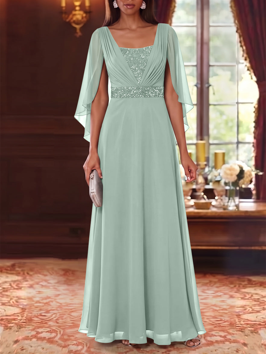 A-Line/Princess Square Collar Chiffon Mother of the Bride Dresses Cape Sleeves Floor-Length Sequins