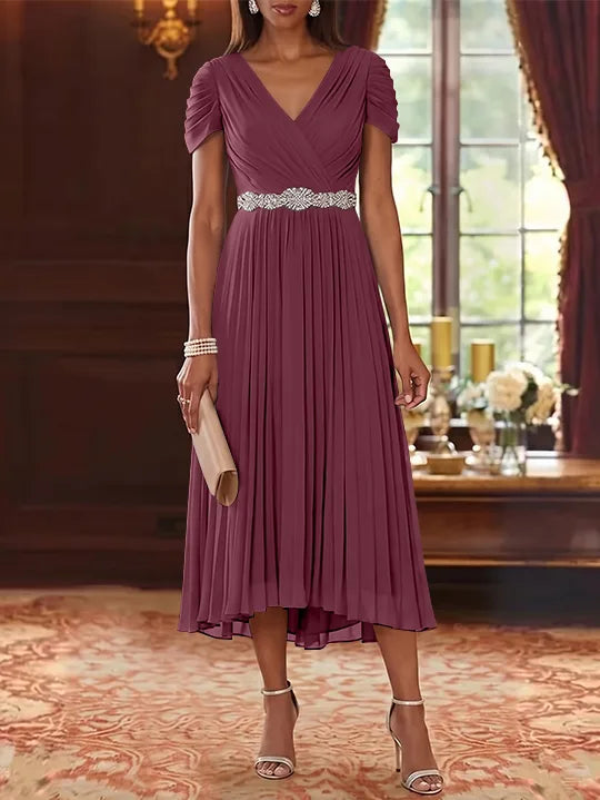 A-Line/Princess V-Neck Chiffon Mother of the Bride Dresses Tea-Length Short Sleeves Sash Pleated