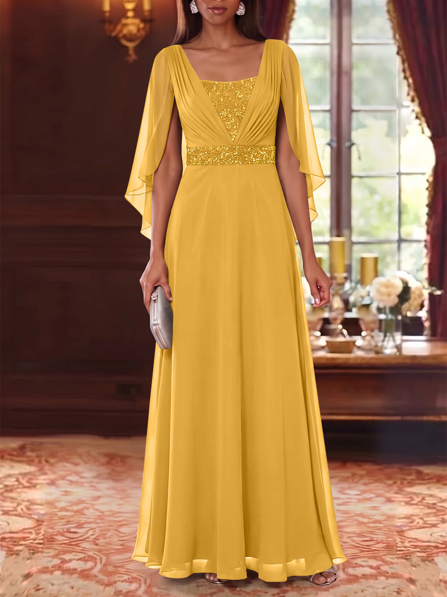 A-Line/Princess Square Collar Chiffon Mother of the Bride Dresses Cape Sleeves Floor-Length Sequins